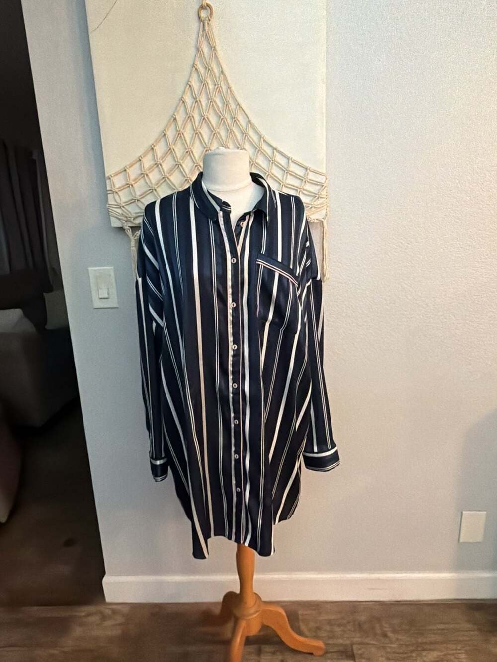 Topshop Navy Blue Stripe Satin Button-Down Pajama Shirt